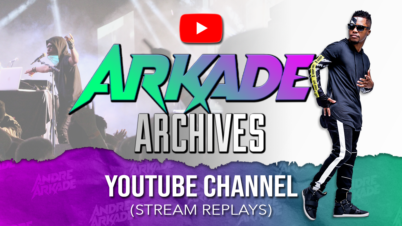 Promotional graphic for Andre Arkade Archives YouTube channel with a live music scene on the left and a man in sunglasses on the right, featuring bold colorful text and a YouTube play button icon.