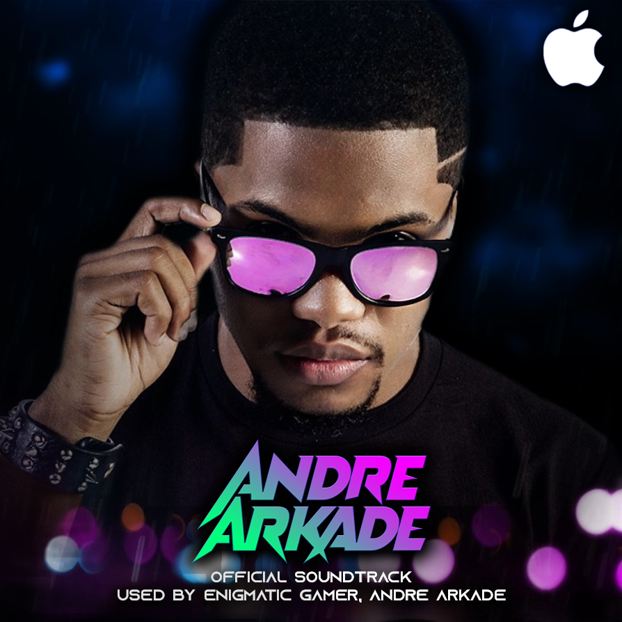 Promotional image of Andre Arkade for his official soundtrack, showing him wearing glasses with pink reflective lenses, dark background with colorful bokeh lights, and a white Apple logo in the top right corner.