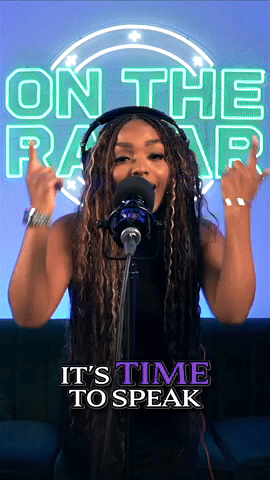 Anike (a woman with long curly hair) speaking into a microphone in front of a neon sign that says 'On the Radar'. Text overlay reads 'It's TIME TO SPEAK'.