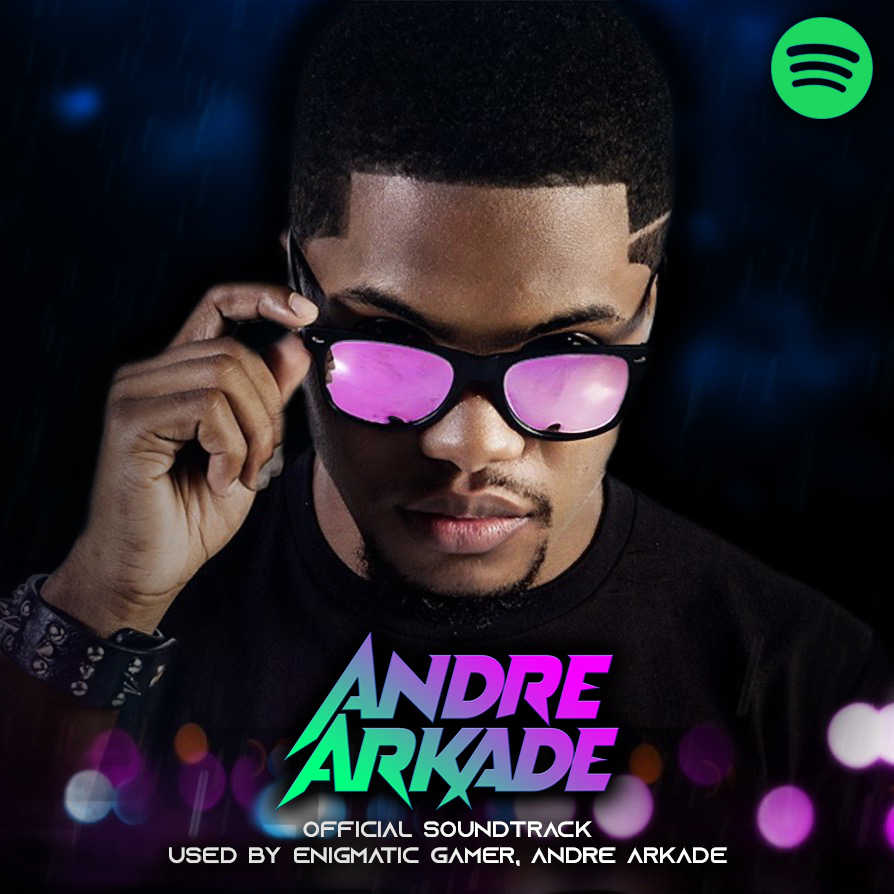 Album cover art for Andre Arkade's official soundtrack, featuring a man with short hair, wearing a black T-shirt and sunglasses with purple reflections, set against a dark, moody background with colorful bokeh lights.