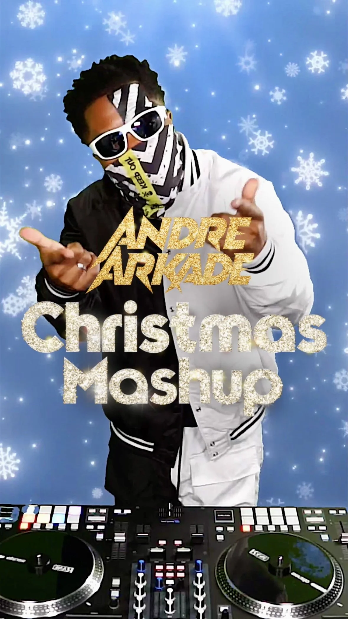 Person wearing sunglasses, a bandana, and a snowflake background, with text reading 'Andre Arkade Christmas Mashup' and DJ equipment in the foreground.