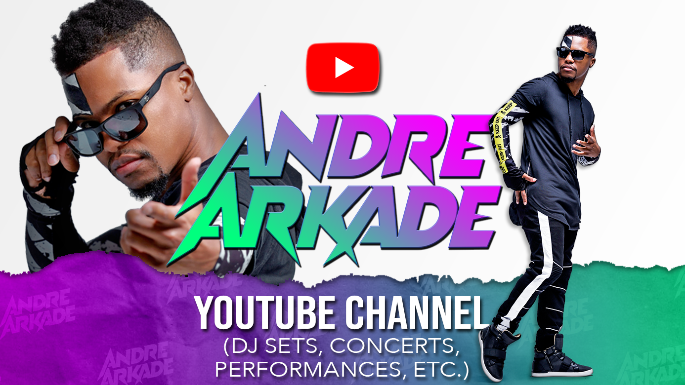 Promotional graphic for Andre Arkade's YouTube channel featuring two images of a male performer with sunglasses, bold colored text, and the YouTube logo.