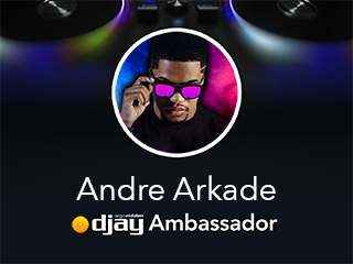 Profile picture of a person wearing pink sunglasses with a colorful neon background, labeled Andre Arkade, DJay Ambassador.
