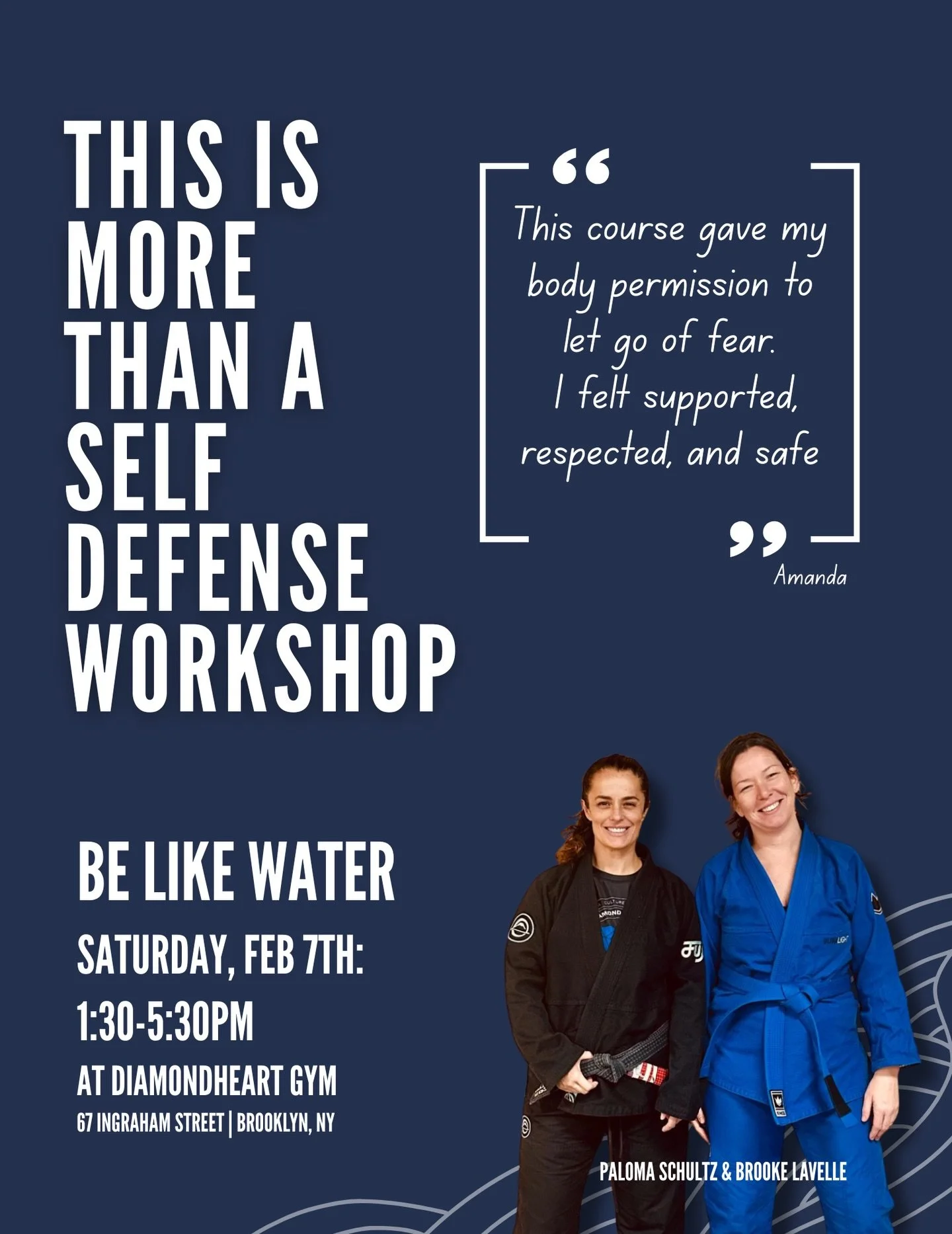 🌊 Be Like Water &mdash; Presence, Conflict Navigation &amp; Self-Defense. 

A workshop blending martial arts, emotional awareness, and practical self-defense to help us meet conflict with clarity, dignity, and calm.

Open to all levels.
Part One: aw