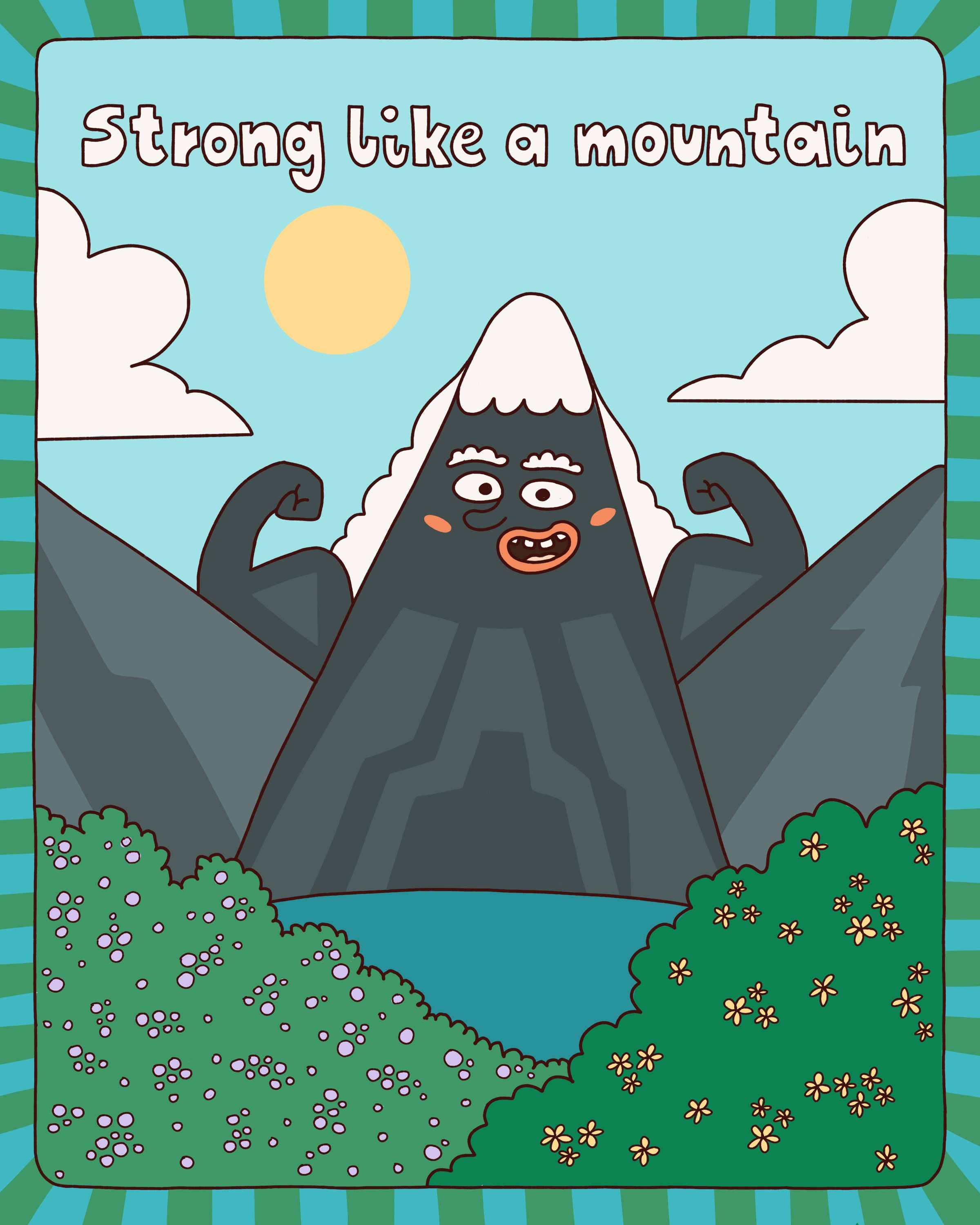 illustration of a mountain flexing biceps with a caption strong like a mountain