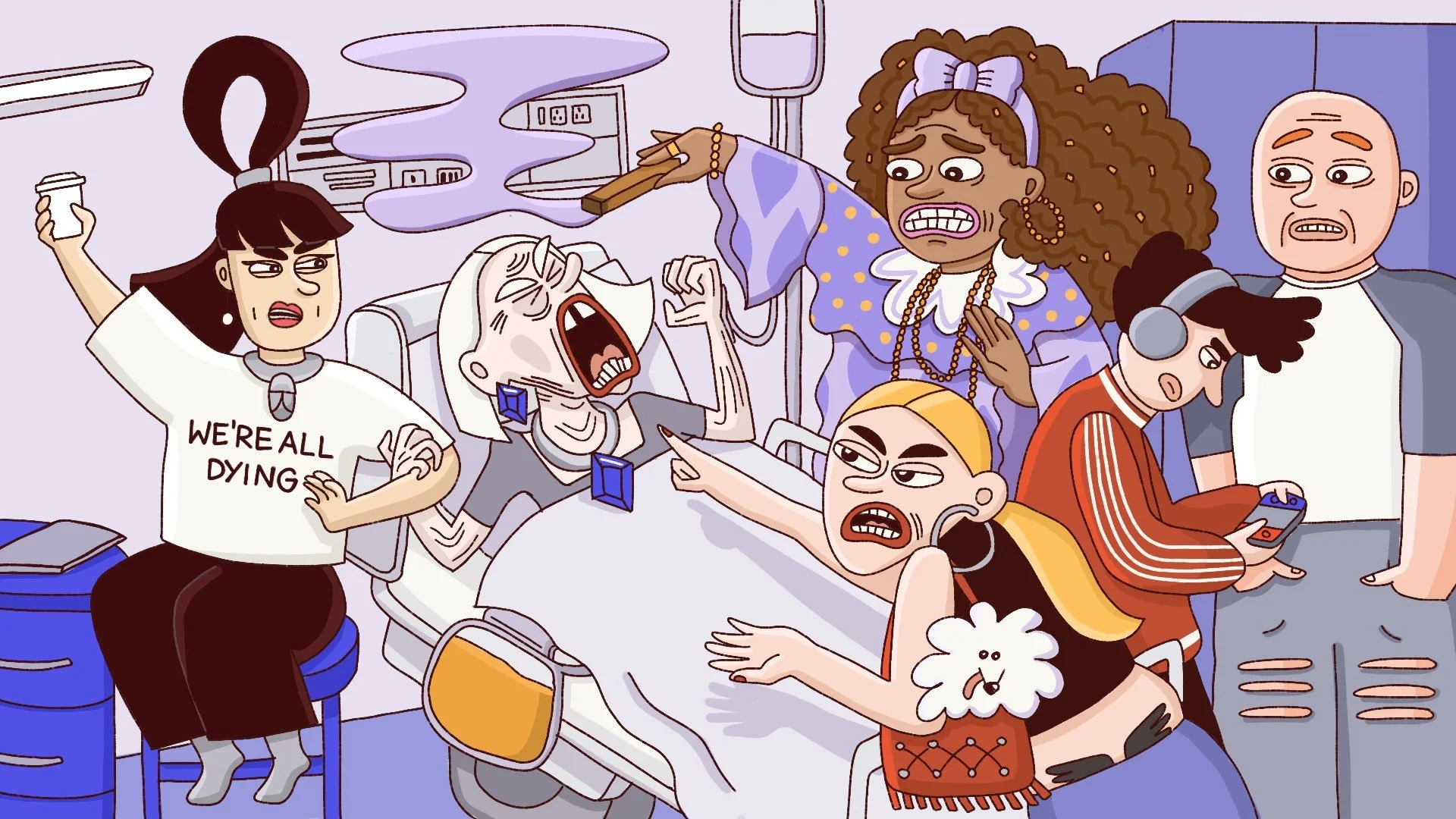 Illustrated hospital scene with two death doulas