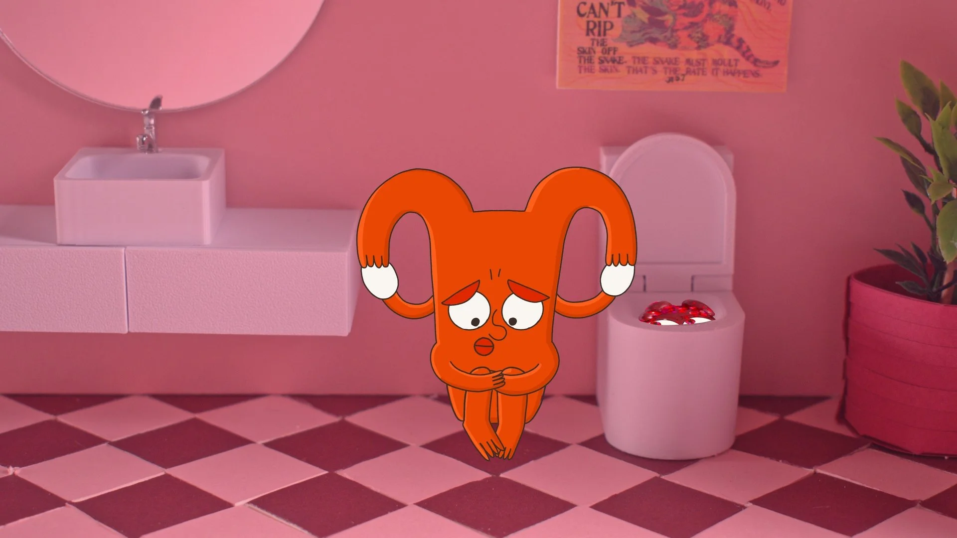 2D animated womb in a miniature pink bathroom