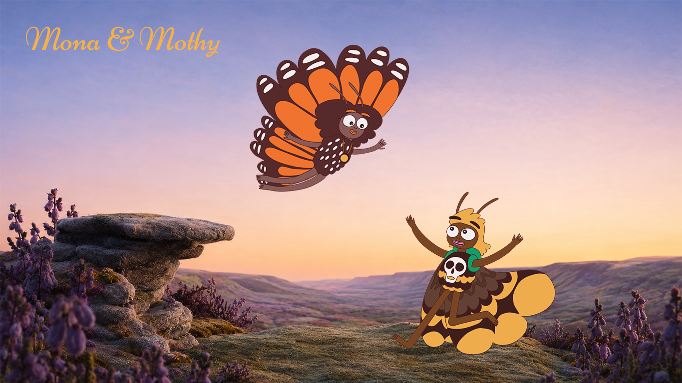 illustrated scene of a butterfly in flight and a moth supporting her