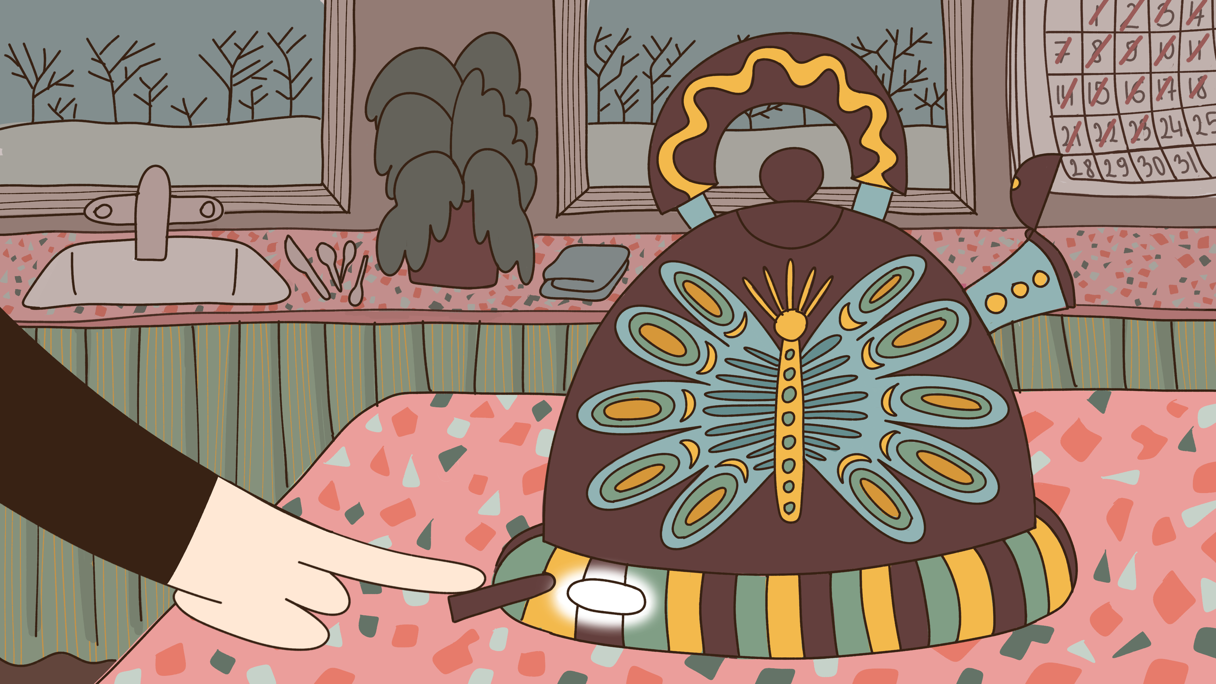illustration of a ktichen with a decorative kettle in the foreground