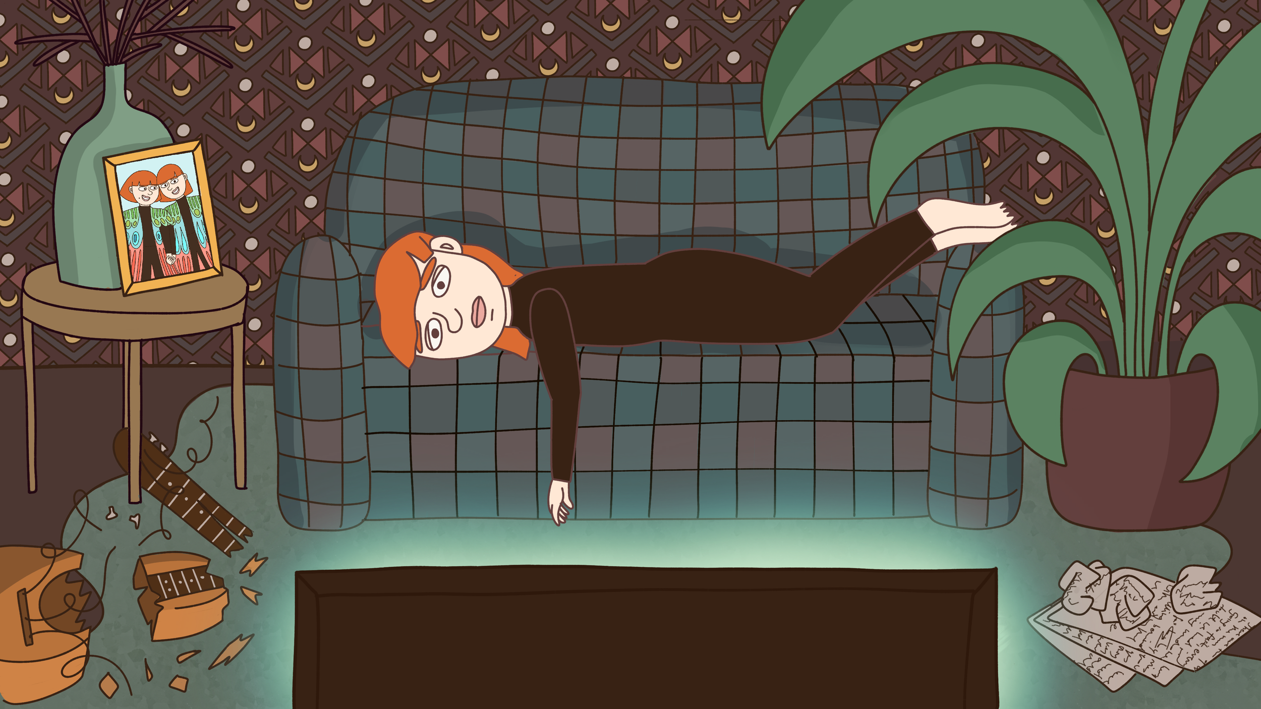 illustration of a living room with a person lying on a sofa in front of a TV