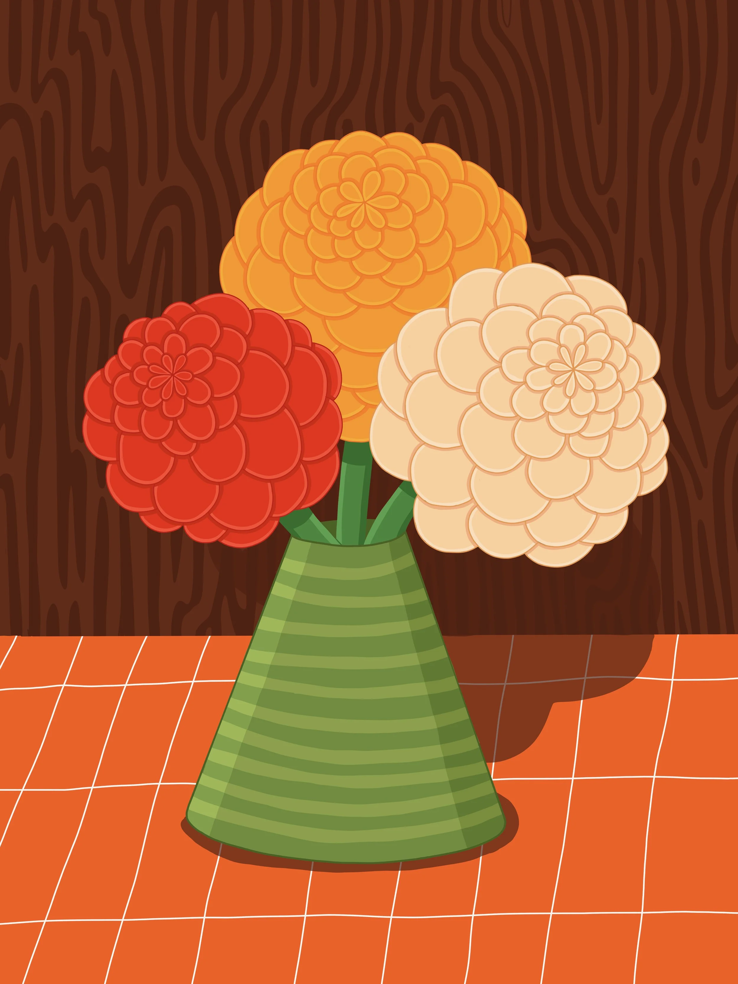 illustration of a vase with dahlias