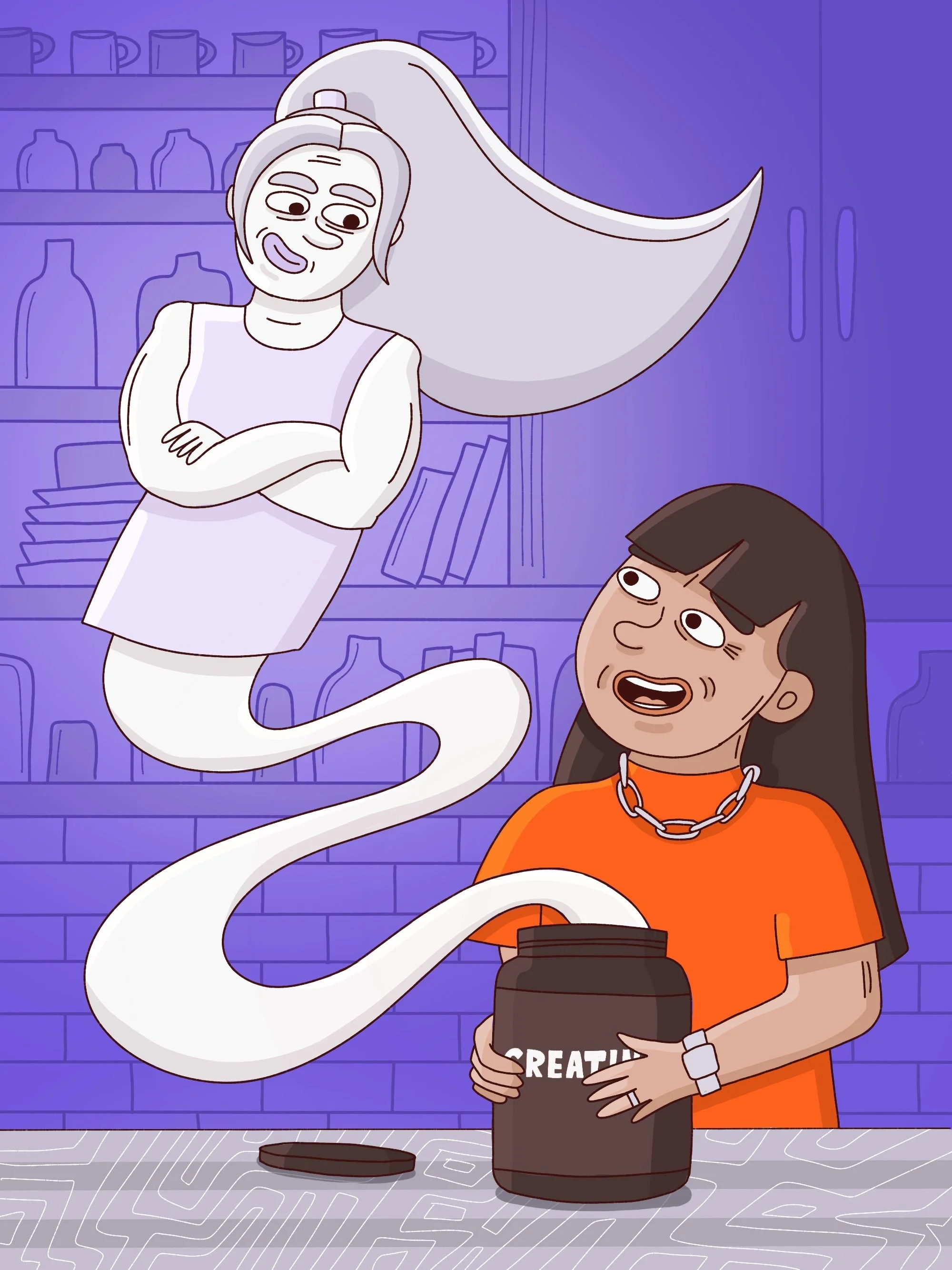 creatine illustration genie and a middle aged woman