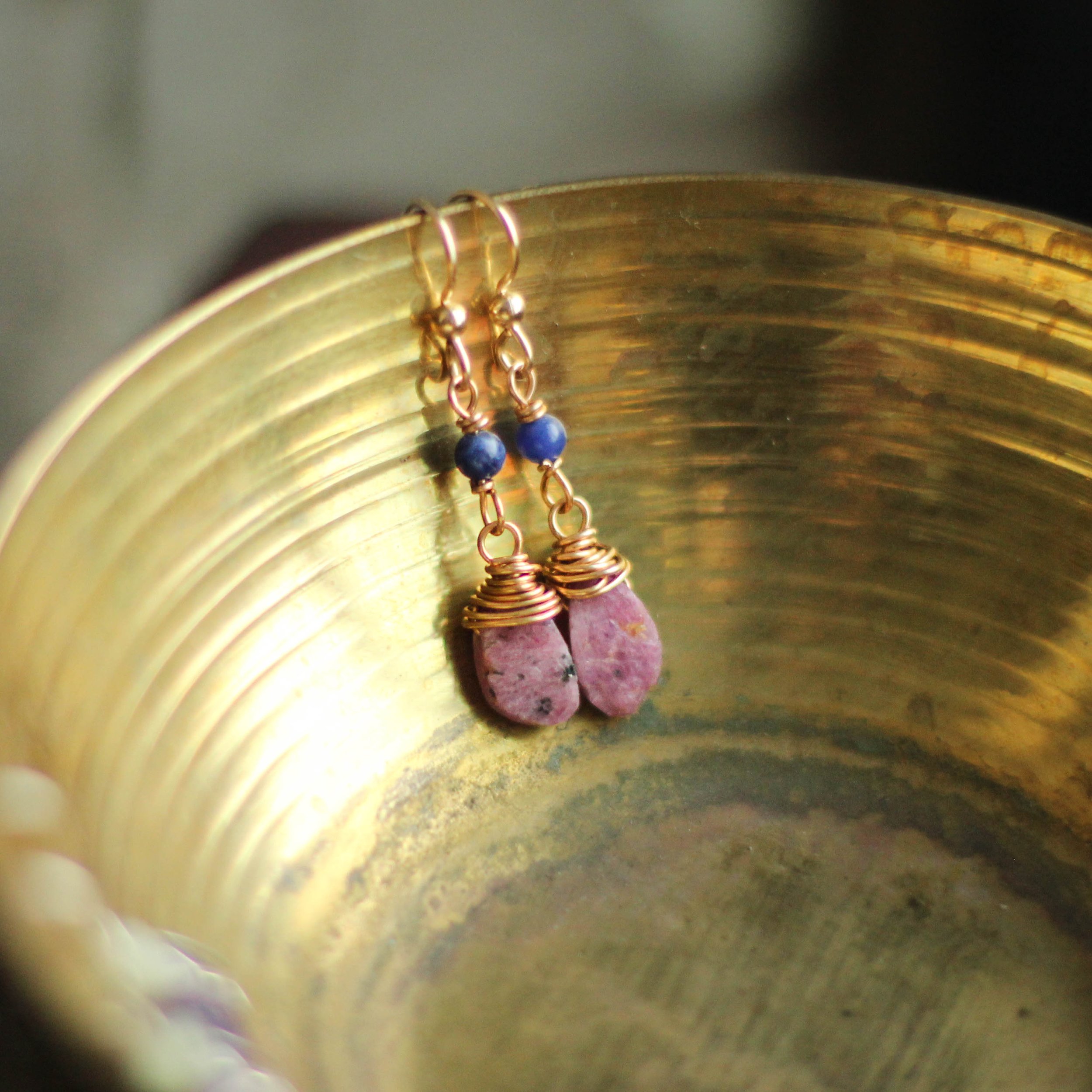 ruby and sodalite earrings in golden bowl