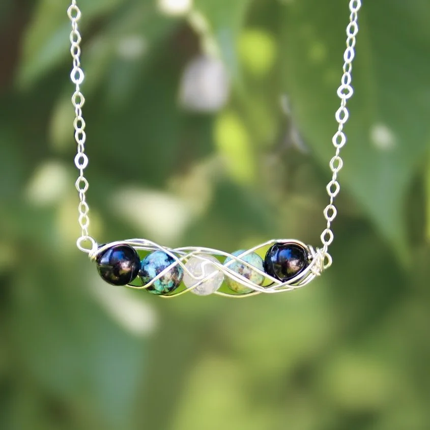 Clarity and Confidence Spiral Necklace | Clear Quartz, Tourmaline, and African Turquoise