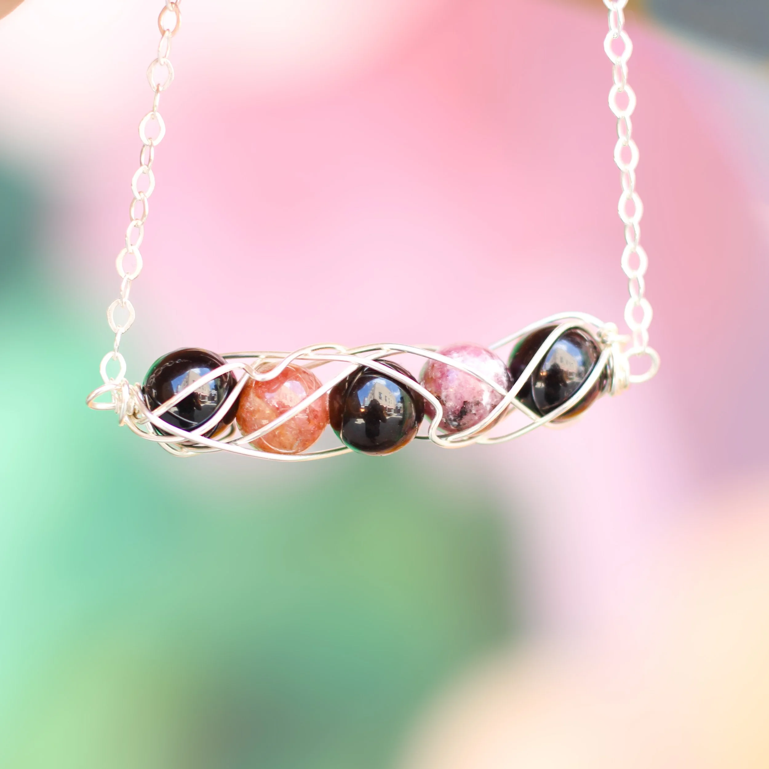 Love and Protection Spiral Necklace | Pink and Black Tourmaline