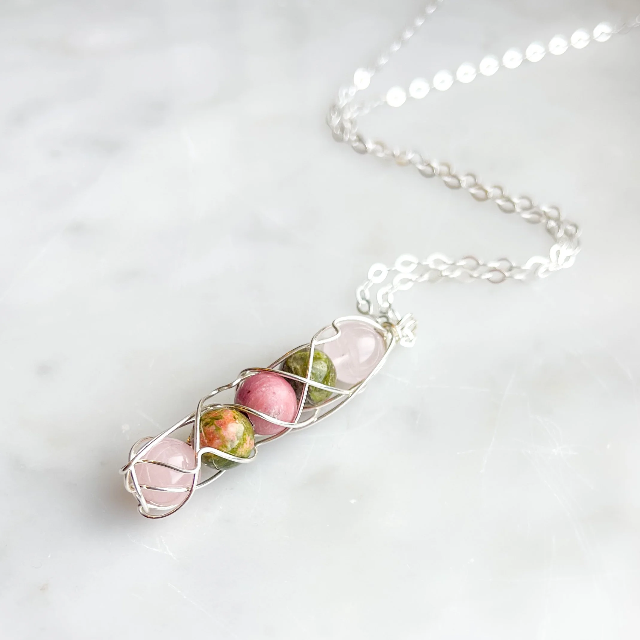 Emotional Healing Spiral Necklace | Rhodonite, Unakite, and Rose Quartz