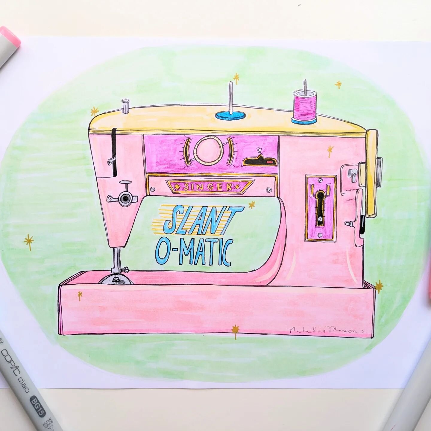 The Singer Slant-o-Matic! This 1960's machine is fast! Powerful! Futuristic! Does a million special stitches that you will never use in your life! And comes in playful shades of...beige.

I went with pink instead.

This was my grandmother's machine a