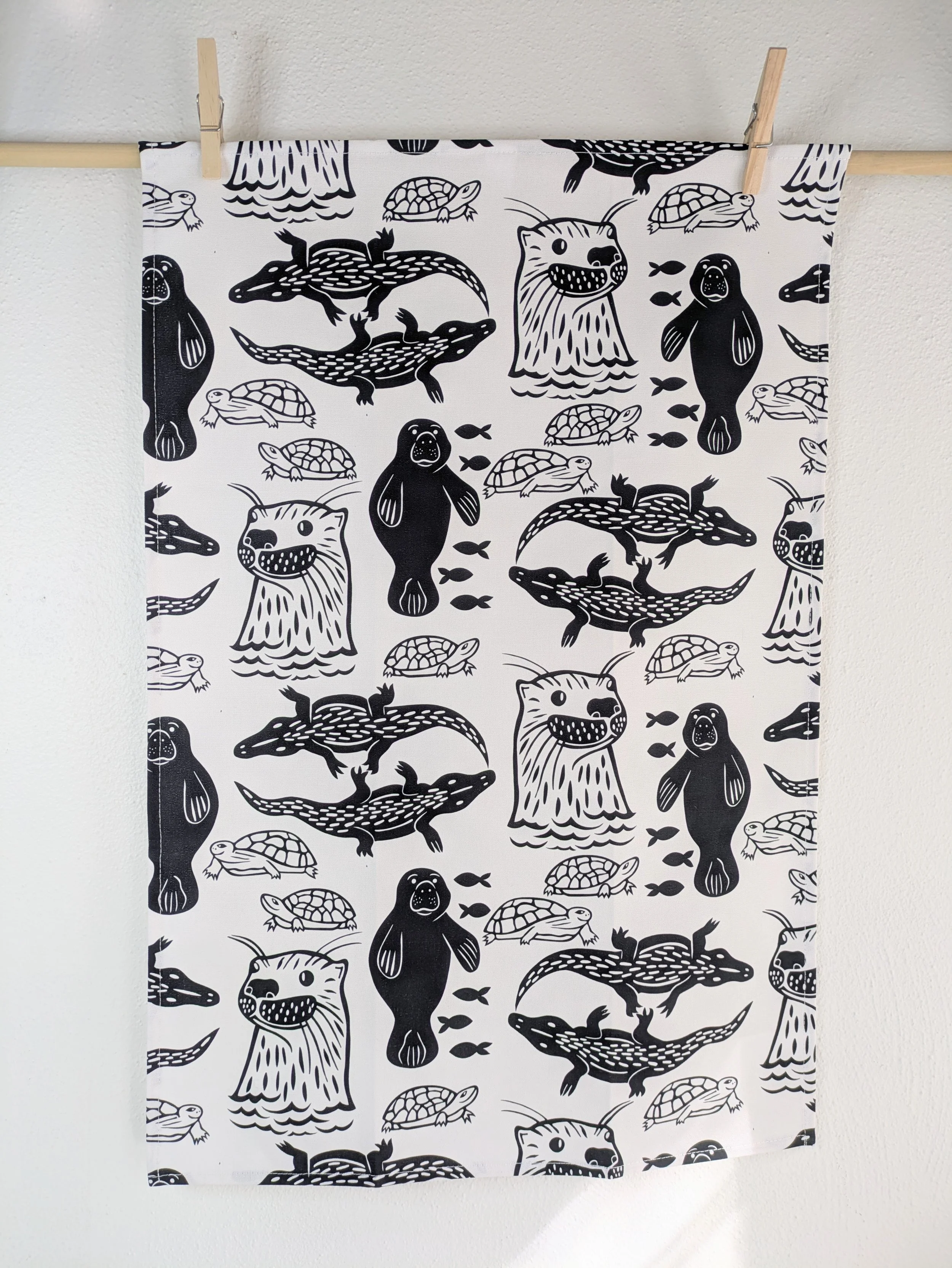 River Critters (black) - tea towel