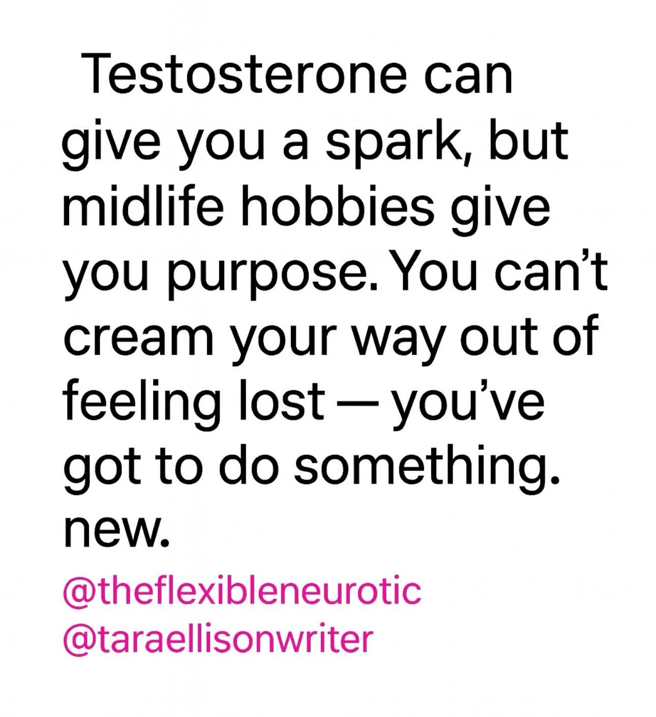 I thought testosterone cream would fix everything.
Mood, libido, motivation. The works.
It helped &mdash; but it didn&rsquo;t give me purpose.

Turns out, midlife hobbies are the real hormone replacement
(But we need the real too stuff too! )

You ca