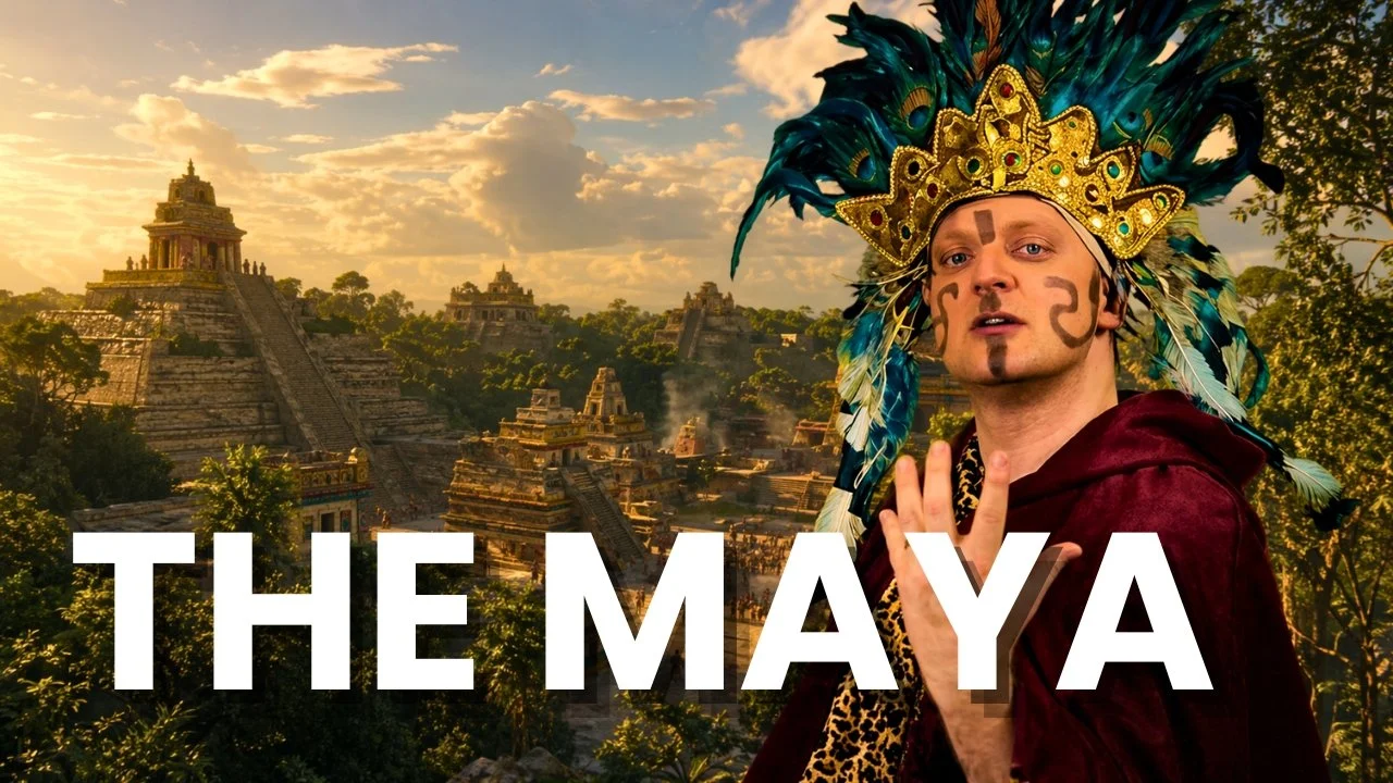 Mr Dilly dressed as a Maya ruler in front of an ancient Maya city with temples and jungle, with text reading The Maya.