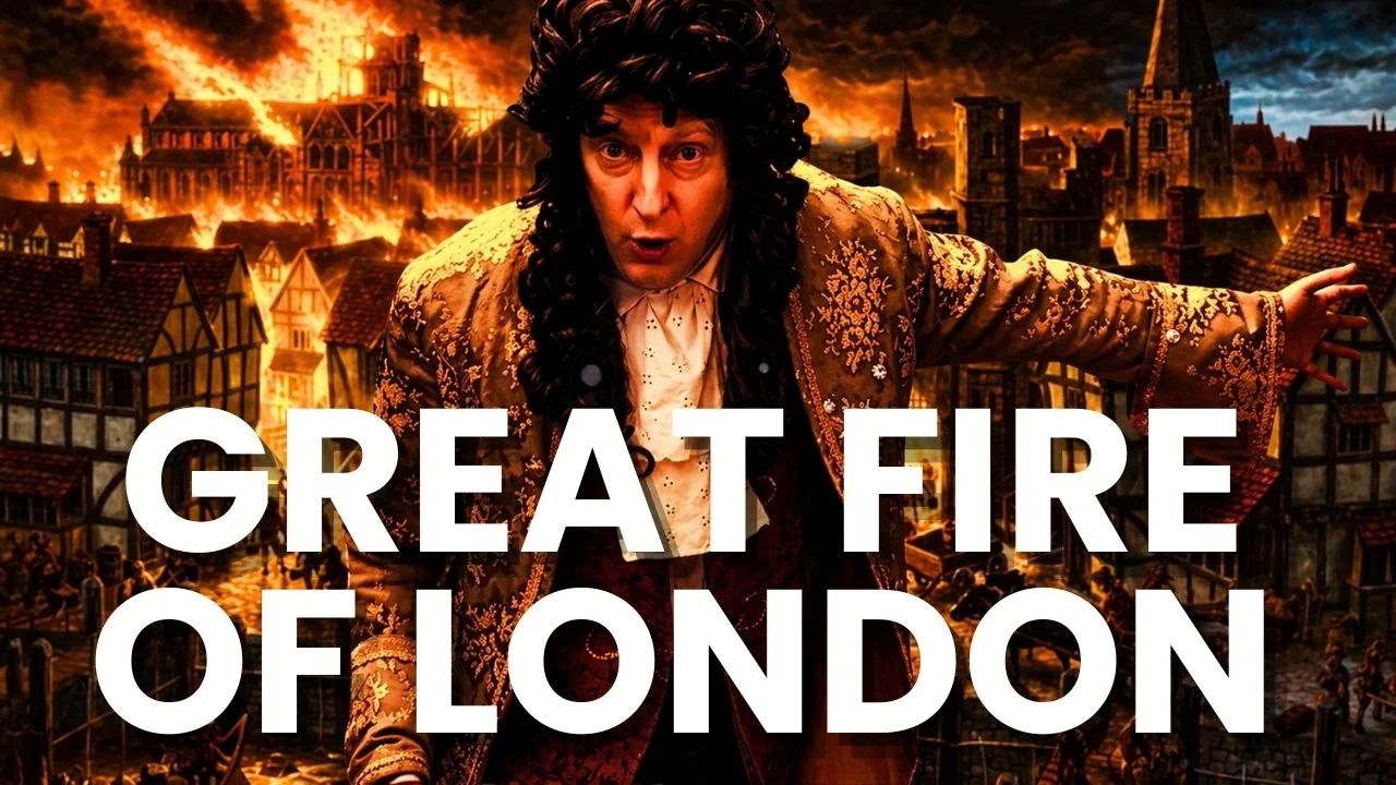Mr Dilly in 17th-century costume in front of a dramatic burning London scene, with text reading Great Fire of London.