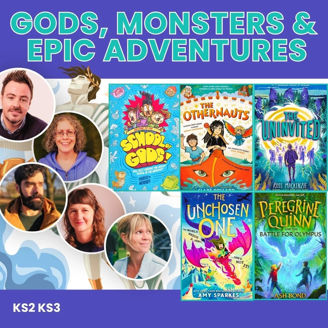 Gods, Monsters and Epic Adventures author event featuring five fantasy and mythology books for KS2 and KS3 readers.