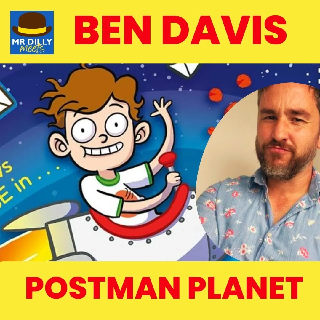 Virtual Author Visit graphic for Ben Davis by Mr Dilly Meets, featuring Postman Planet with cartoon space artwork and a circular author photo.