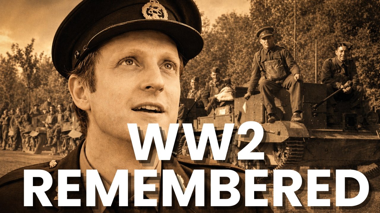 Mr Dilly in Second World War uniform in front of a sepia wartime scene with soldiers and tanks, with text reading WW2 Remembered.