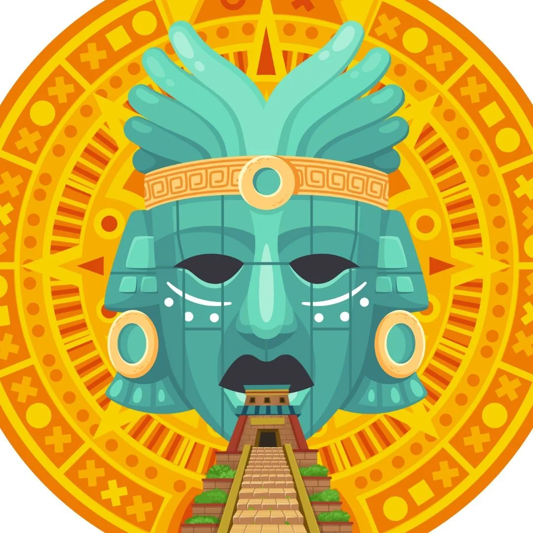 KS2 history artwork of Ancient Maya pyramid, calendar, and mask"
