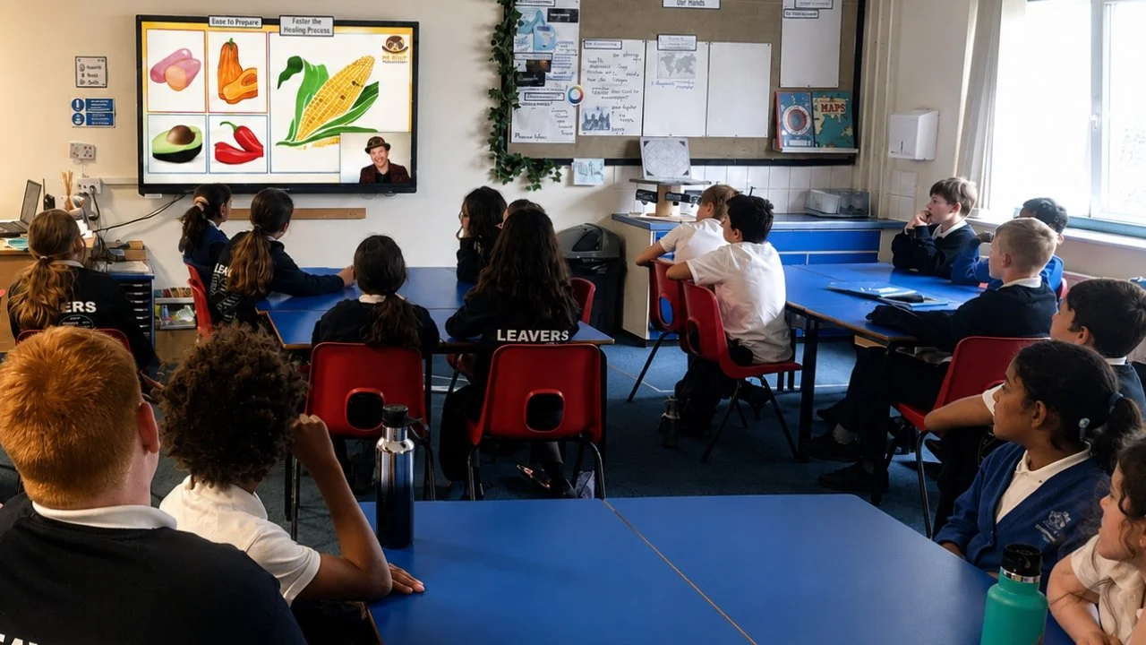 Pupils in a classroom watching Mr Dilly’s virtual Maya history visit, with a lesson slide about Maya foods and crops displayed on screen.