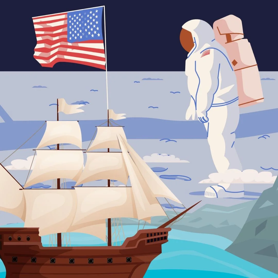 KS1 and KS2 illustration of famous explorers including Columbus's ship,  and Neil Armstrong on the moon