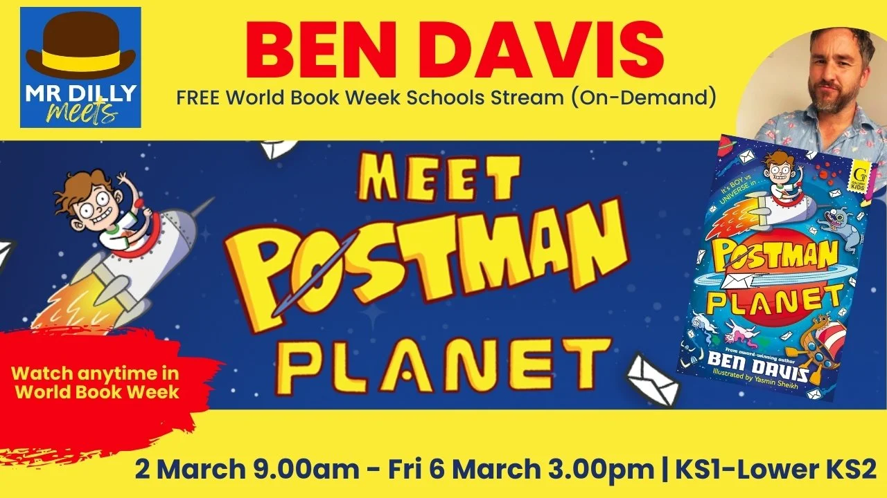 Promotional banner for Ben Davis “Postman Planet” free World Book Week schools stream (on-demand), available 2 March 9:00am to 6 March 3:00pm, for KS1–Lower KS2.