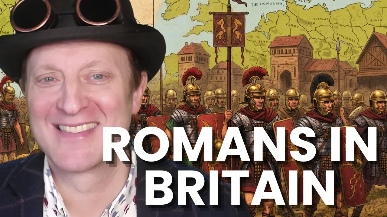 Mr Dilly in front of Roman soldiers with the title Romans in Britain