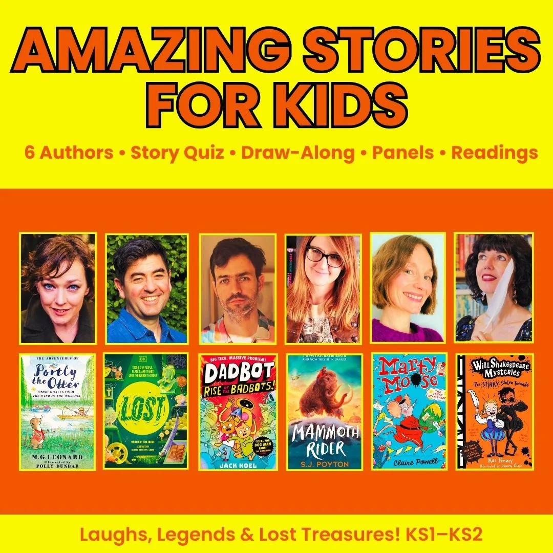 Amazing Stories for Kids author event featuring six children’s authors, story quiz, draw-along, panels and readings for KS1 and KS2.