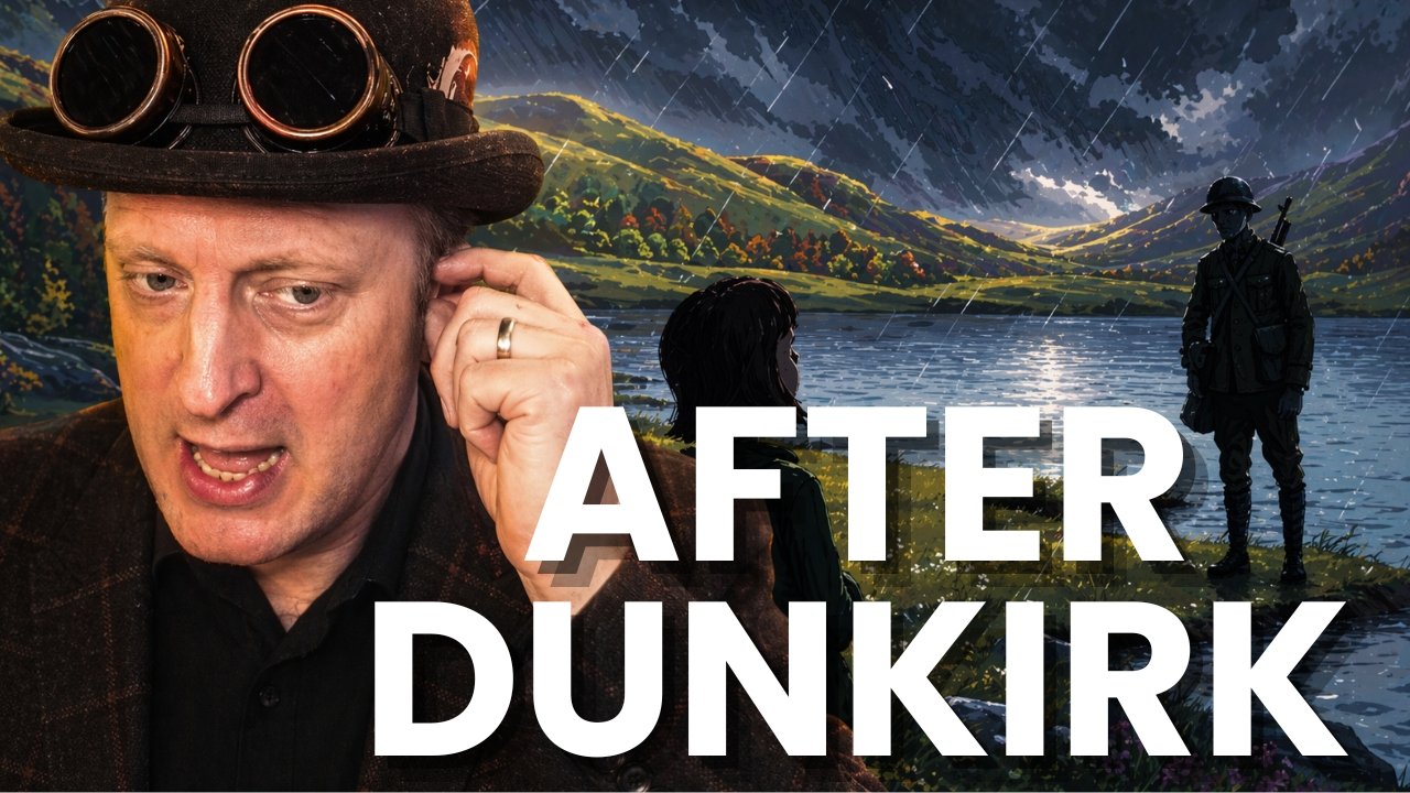 Mr Dilly in costume beside a dramatic wartime landscape showing a child and soldier after Dunkirk, with text reading After Dunkirk.