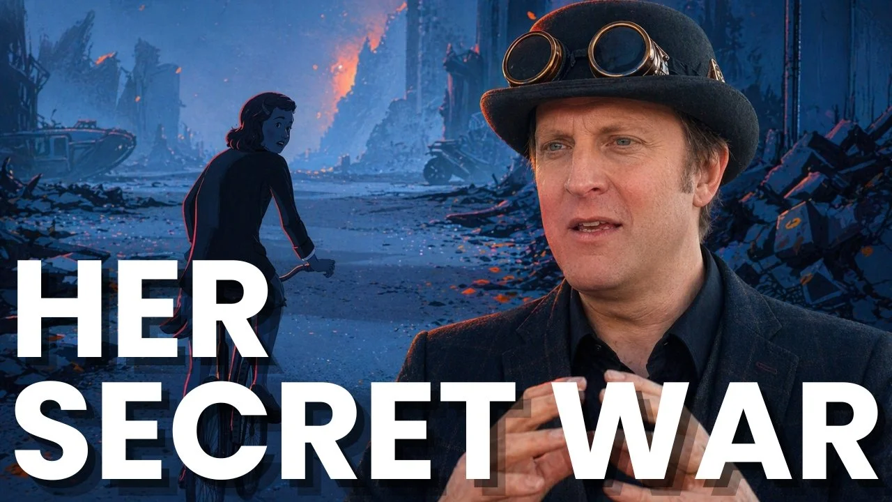 Mr Dilly in costume beside a dramatic wartime scene of a girl on a bicycle in a ruined city, with text reading Her Secret War.