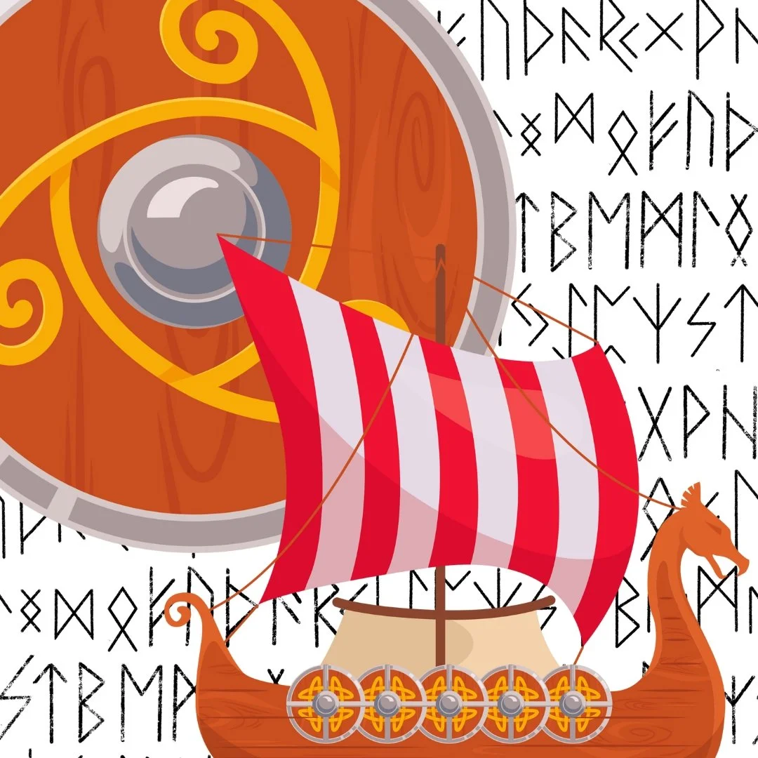 Viking shield and longship, Norse runes  – KS2 history workshop illustration"