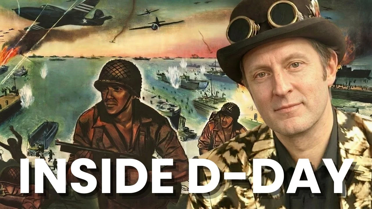 Mr Dilly in front of a D-Day landing scene with the title Inside D-Day