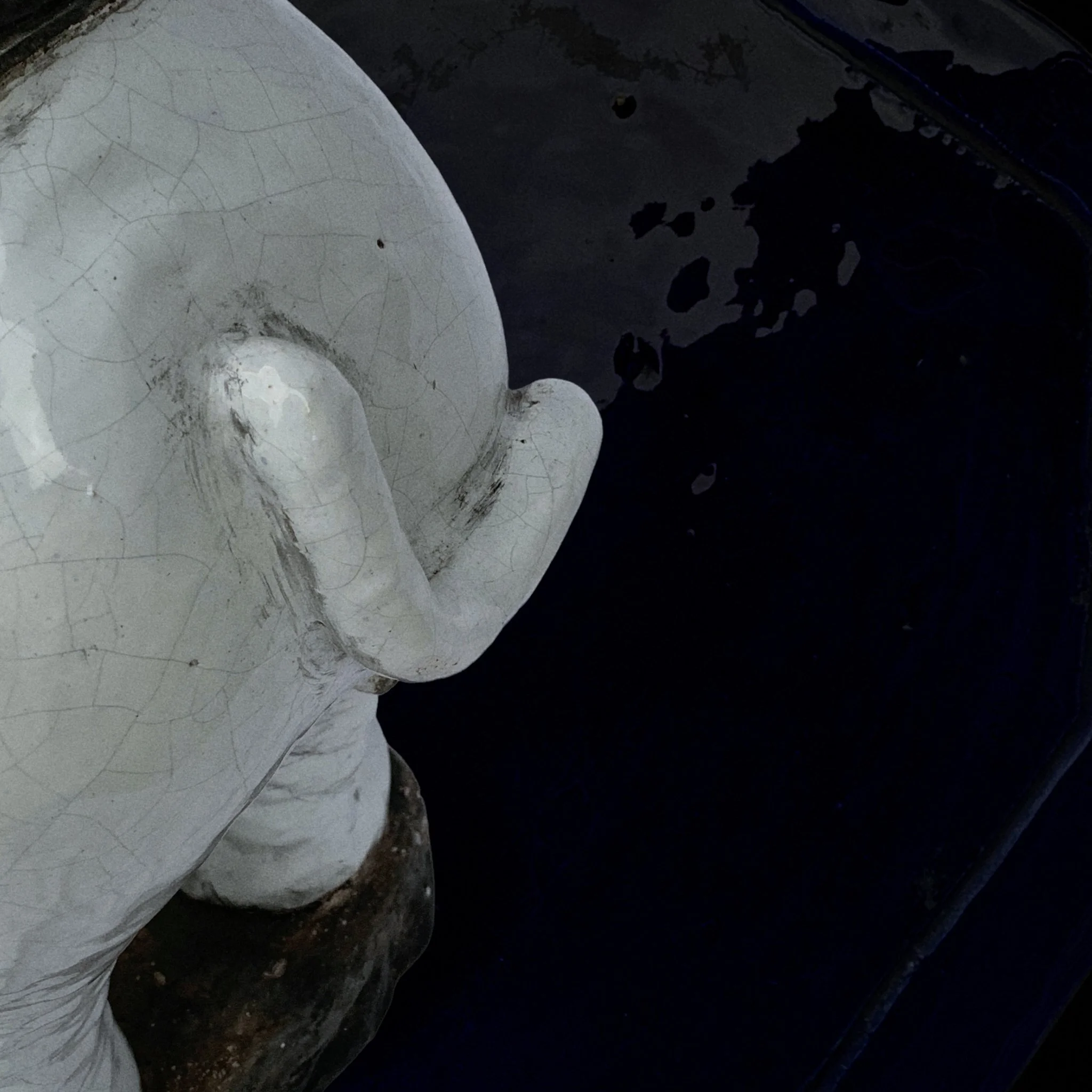 Close-up of a vintage white ceramic or plaster statue's head and ear, showing cracks and wear, on a dark surface.