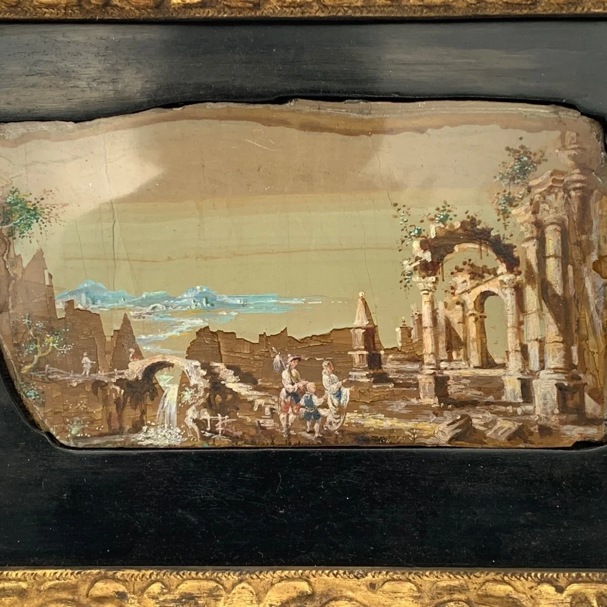 A miniature painting depicting an ancient ruins scene with people, a horse-drawn water mill, trees, and a distant sea with ships.