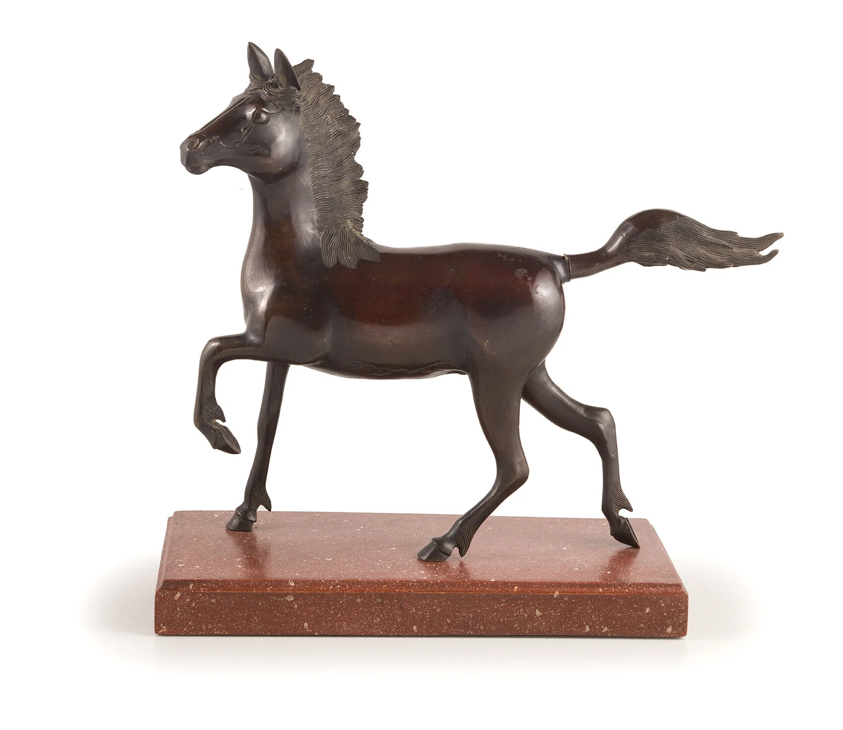 Bronze sculpture of a horse with a raised front leg on a rectangular marble base
