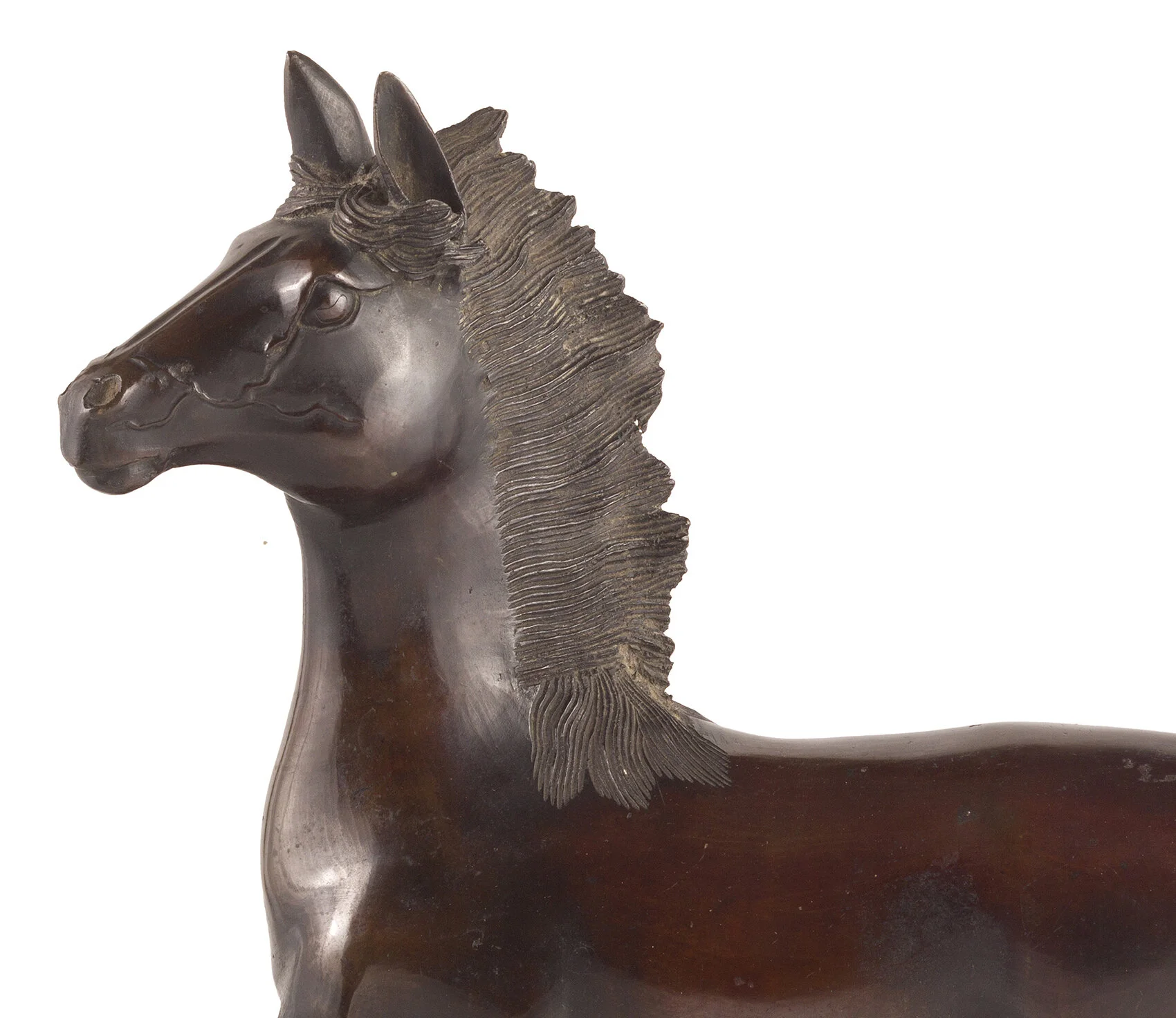 Bronze sculpture of a horse's head and neck with detailed mane and facial features.
