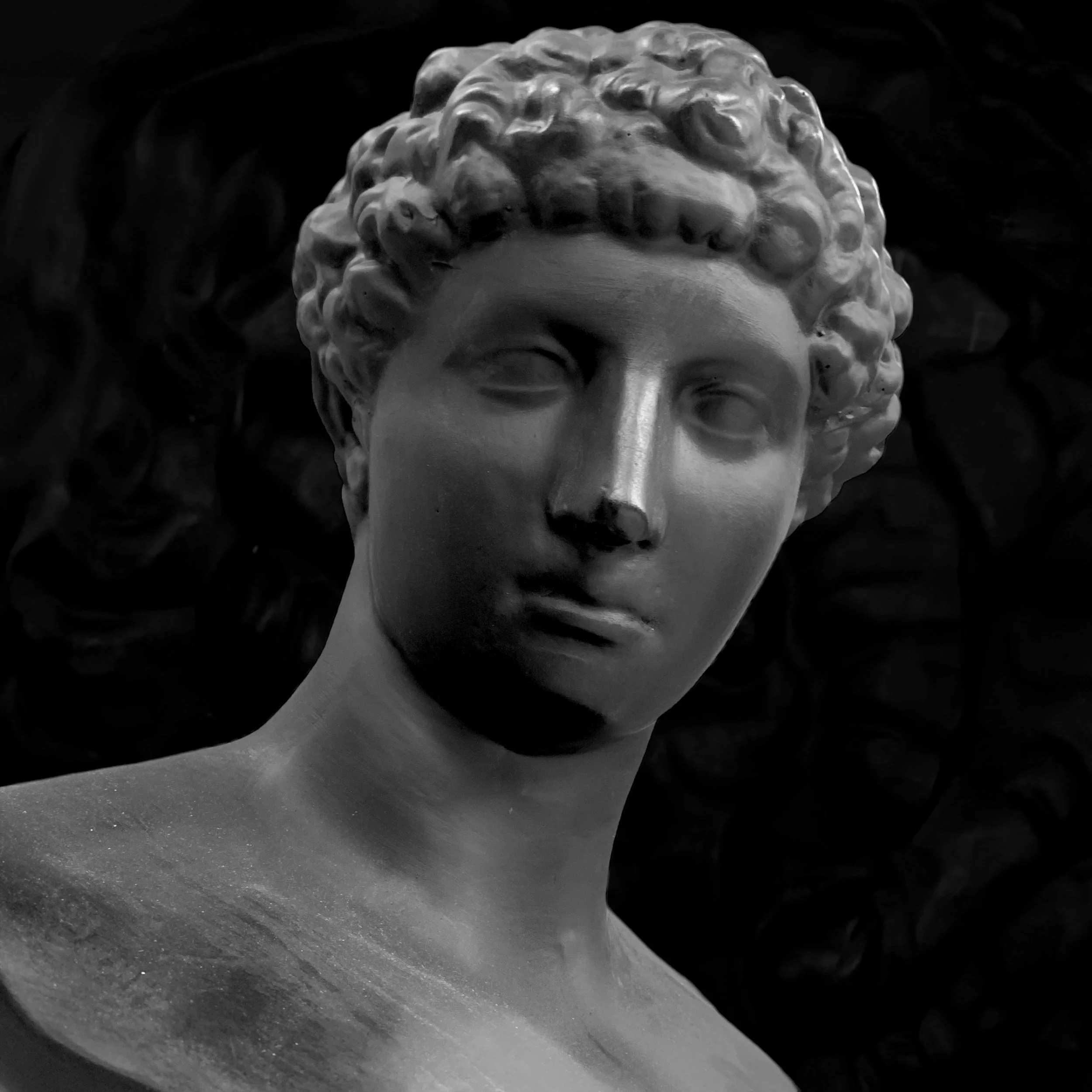 A black and white photograph of a classical sculpture bust of a woman with curly hair, facing slightly to the right.
