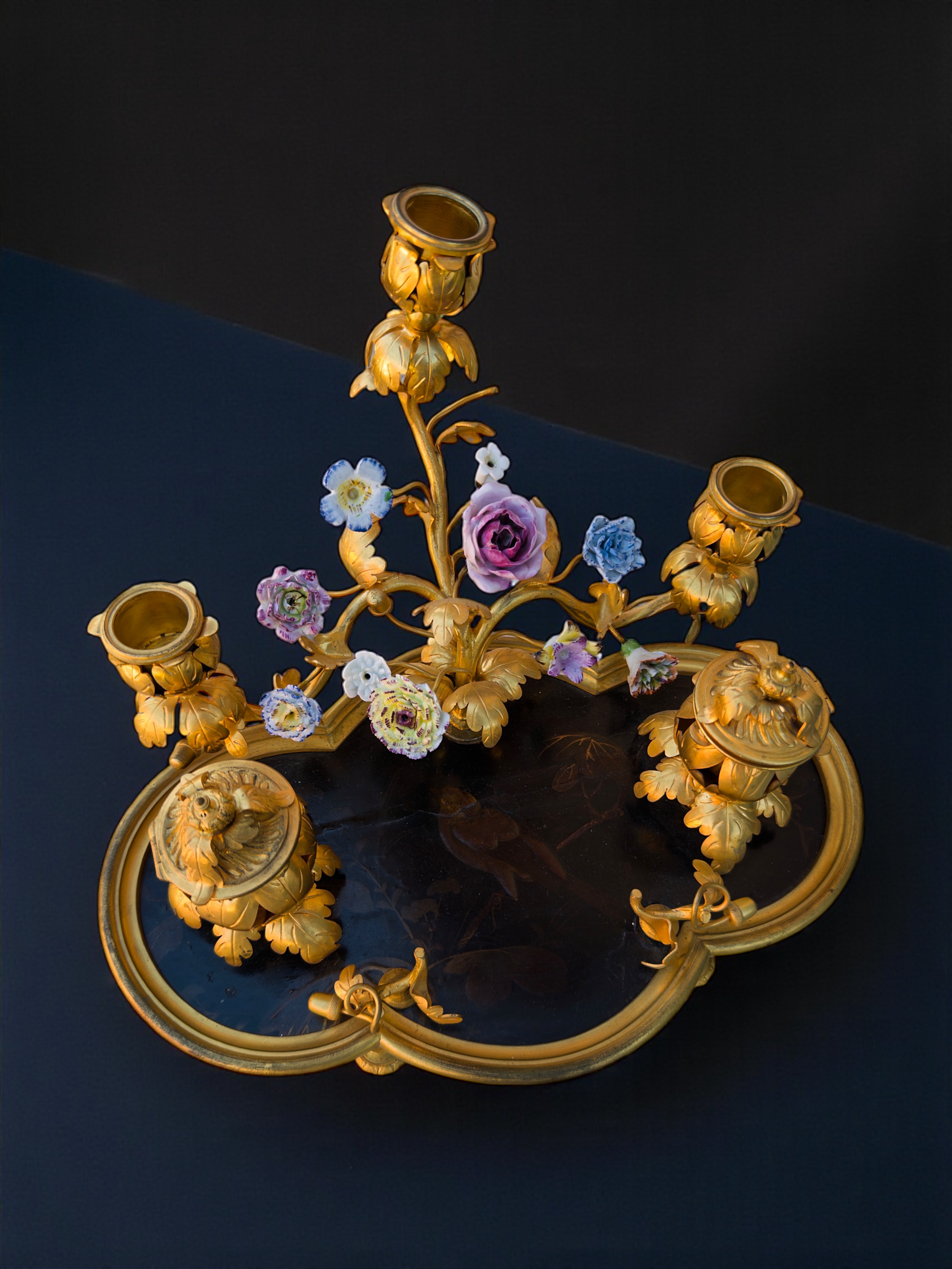 A XVIII Century porcelain ormolu mounted inkstand
