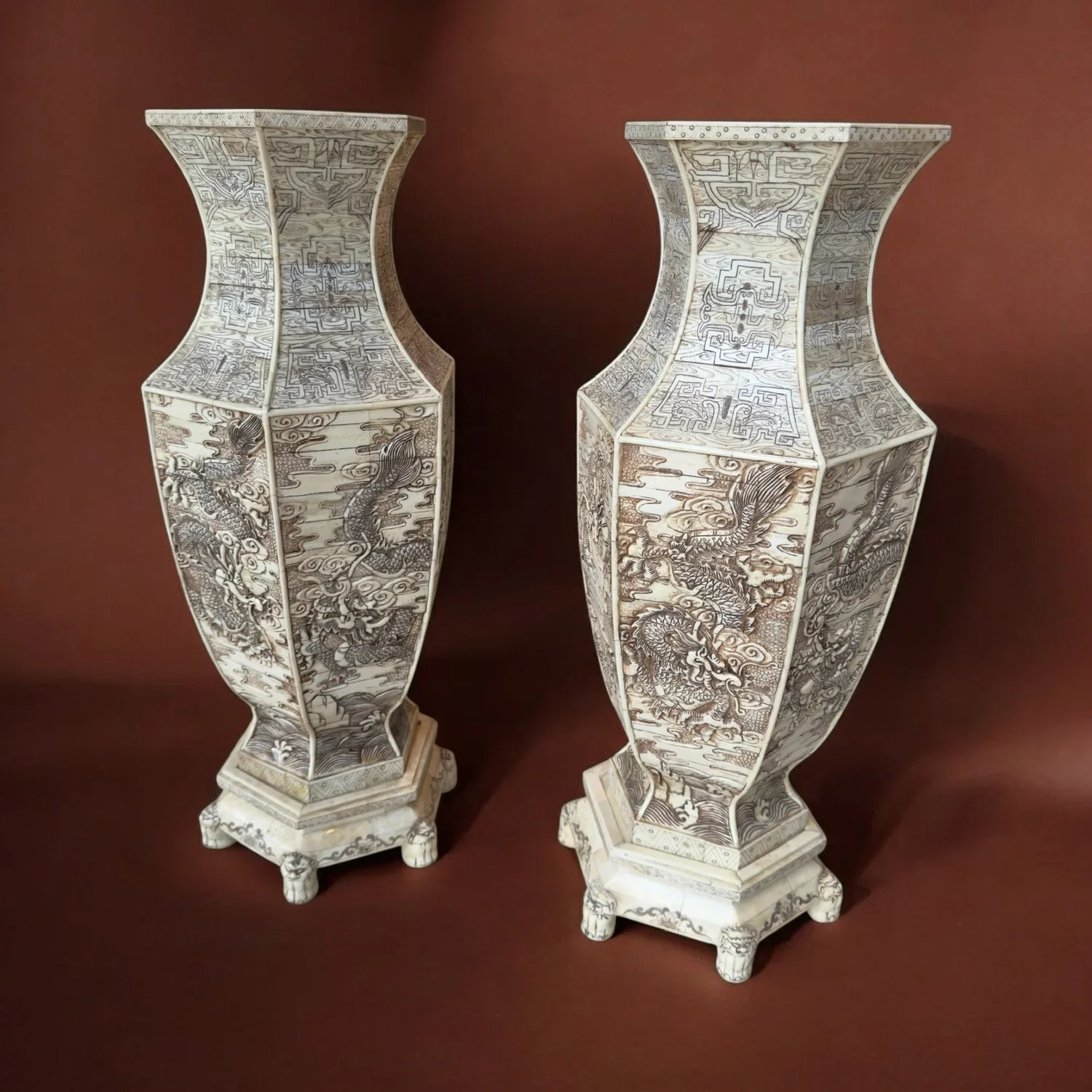 SOLD: Pair of exquisitely carved vases veneered in bone