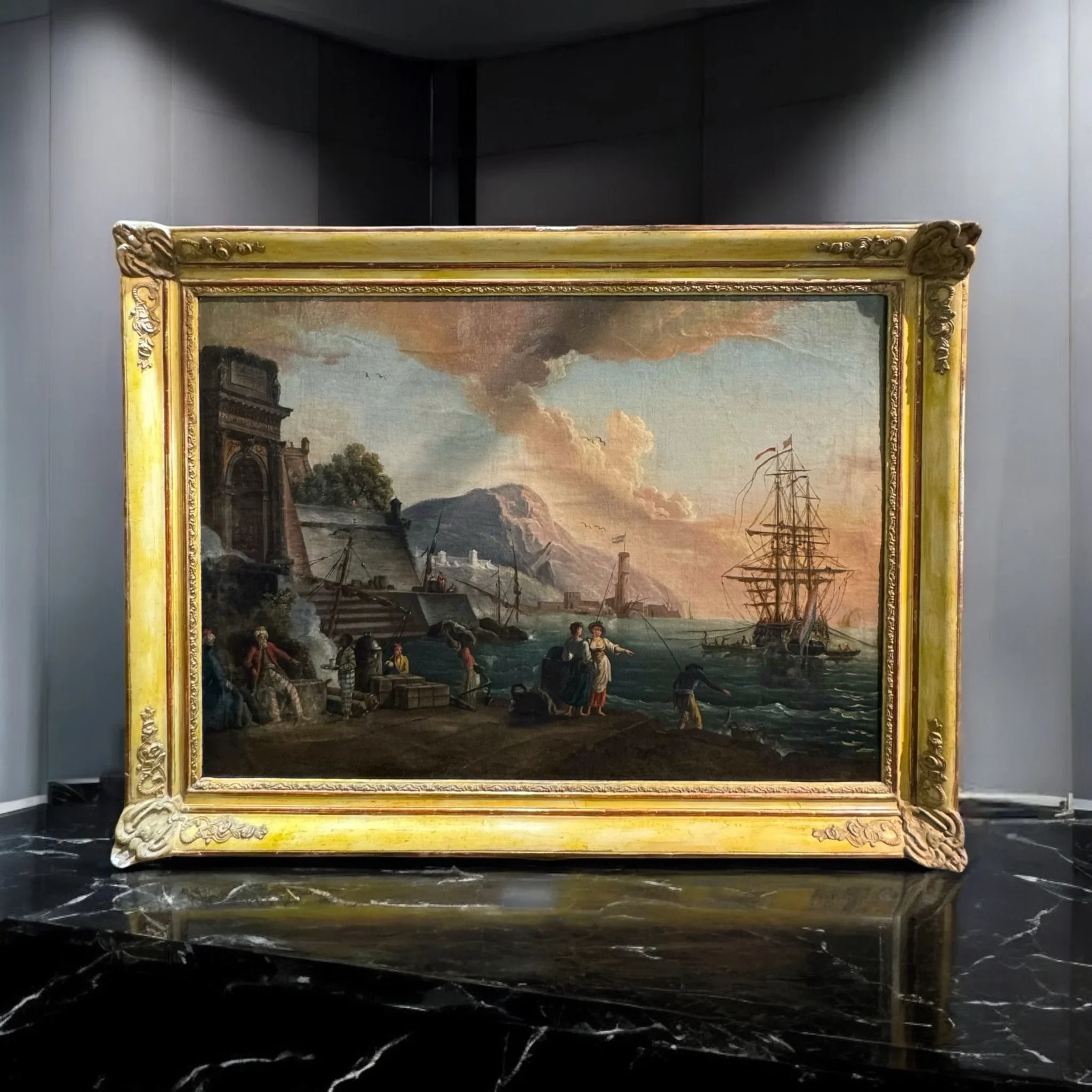 SOLD: Oil on canvas, view of a port with figures and vessels