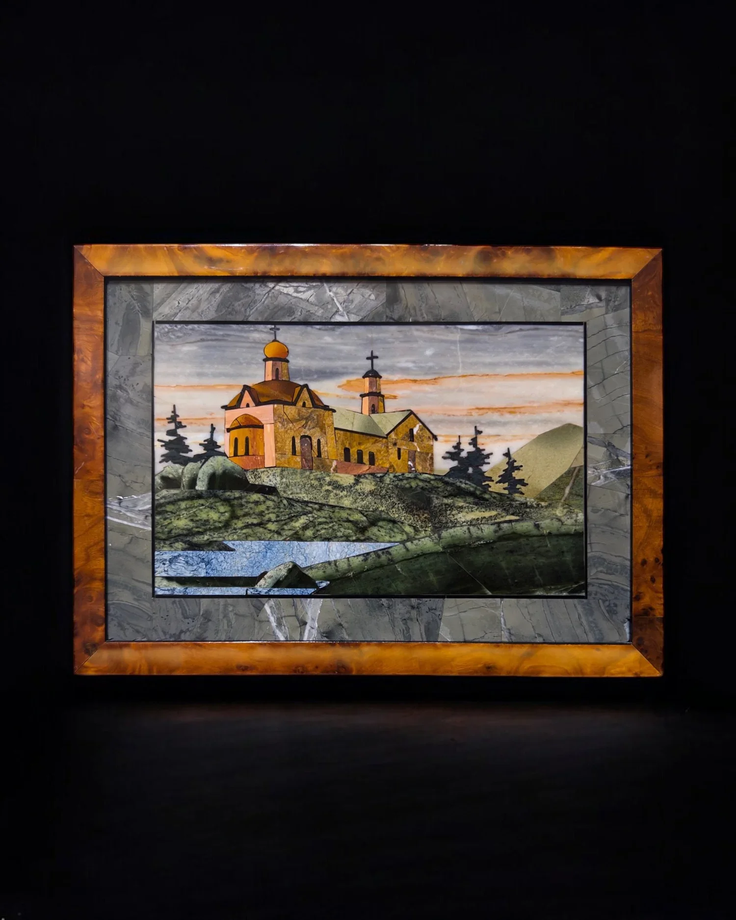 SOLD: A panel with marble and hard stone, depicting a landscape with a castle