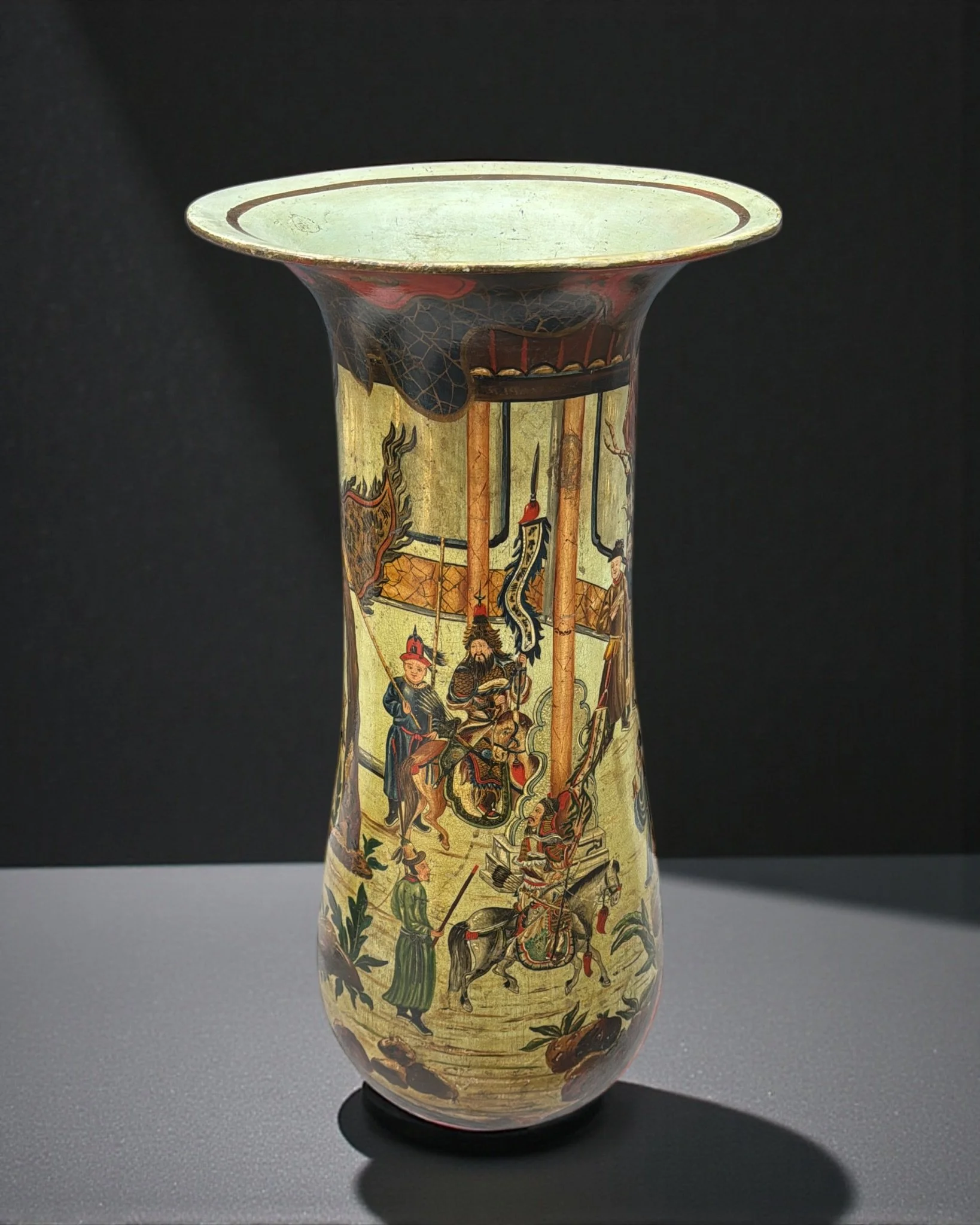 Large terracotta trumpet vase painted in chinoiserie motifs