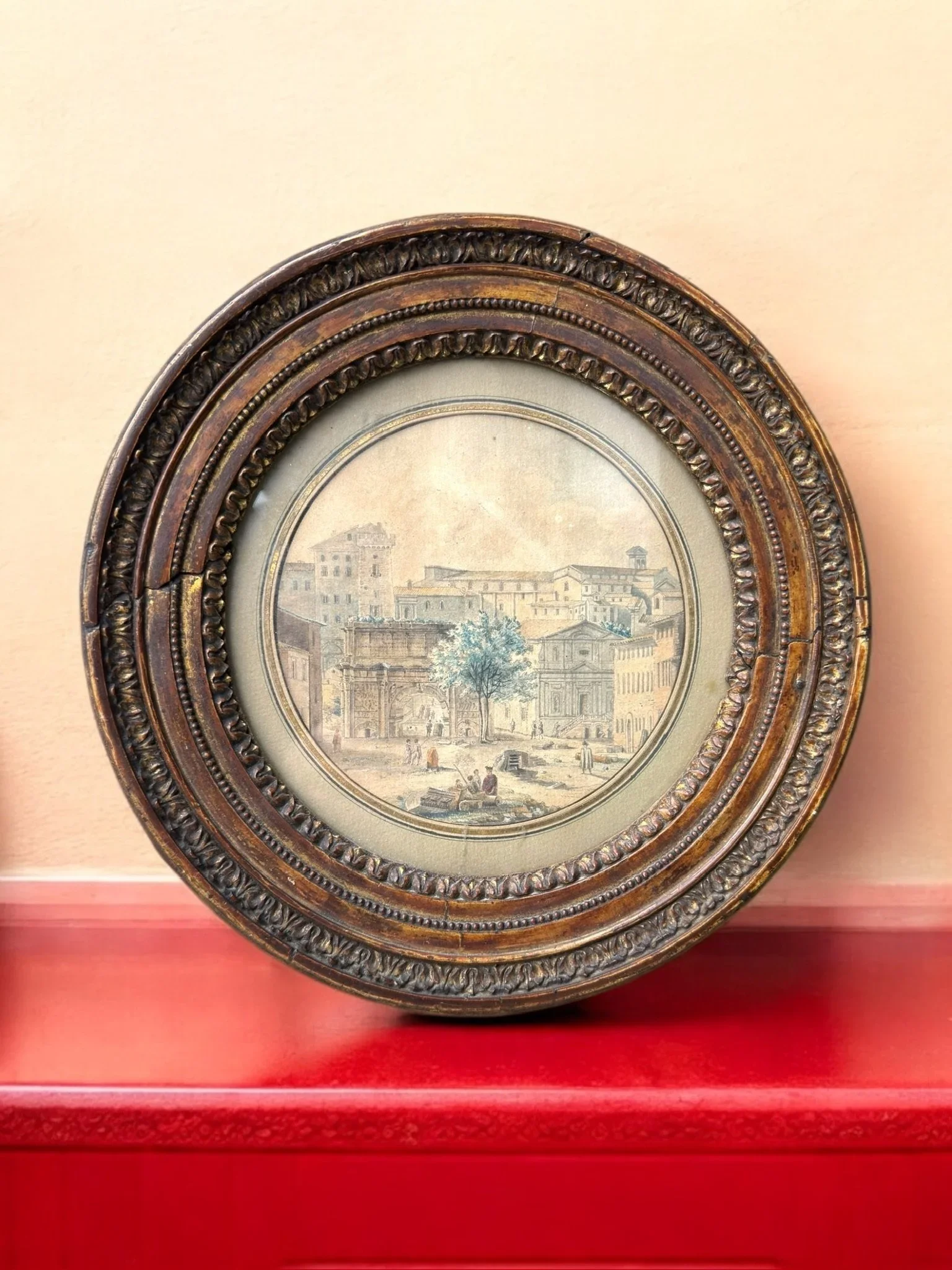 SOLD: A tondo watercolor representing The Antique Rome, Mid XIX Century