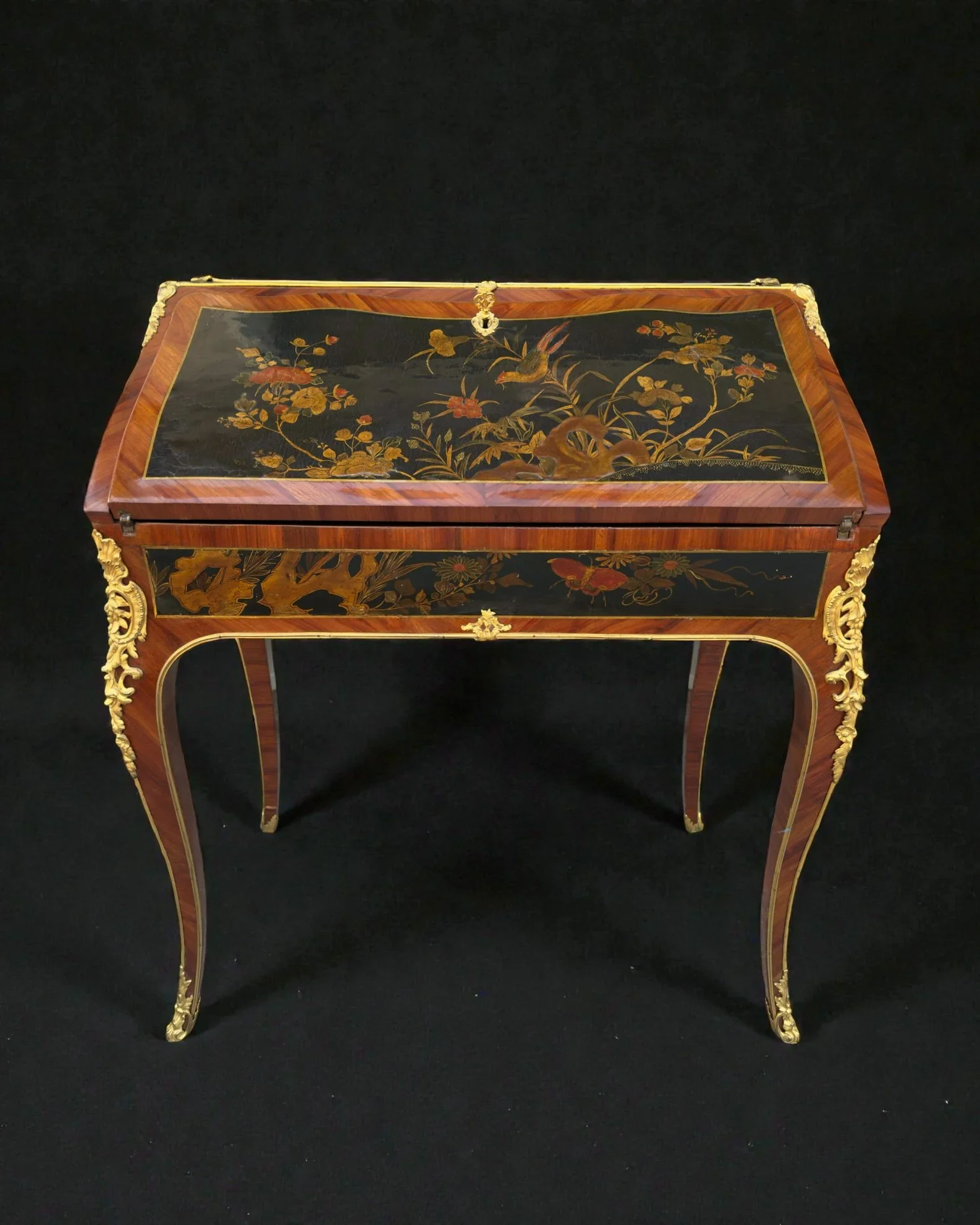 Drop-leaf desk, rosewood veneered and lacquered in chinoiserie motifs